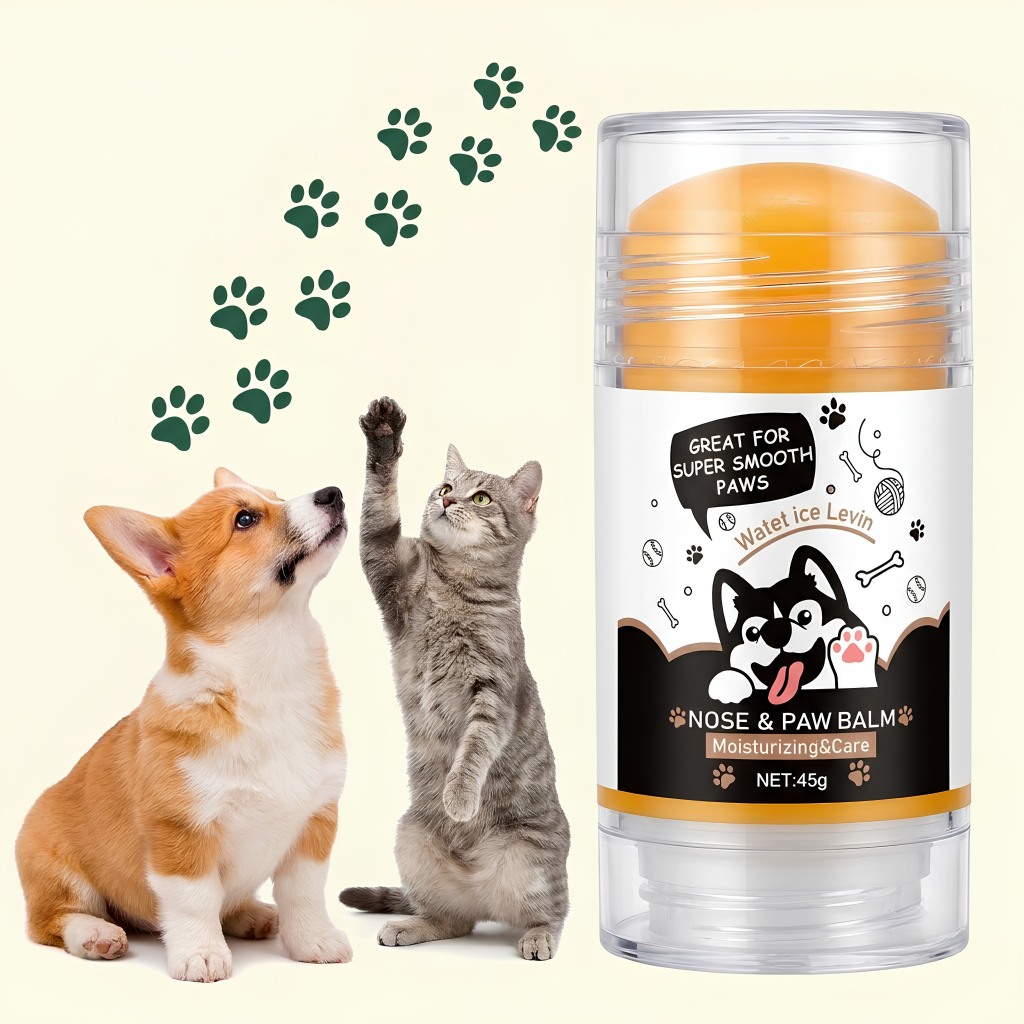 A clear cylindrical balm stick with an orange balm top and a white printed label stands on a pale beige background. Two pets are pictured on the left: a corgi sitting and a gray tabby cat standing on its hind legs, with green paw-print trail graphics above them.