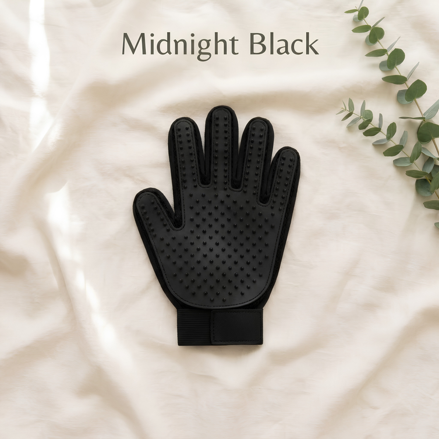 A single black pet grooming glove with silicone nubs and a wrist strap, laid flat on a cream fabric background with the text 'Midnight Black' above it and a small green leafy sprig in the corner.