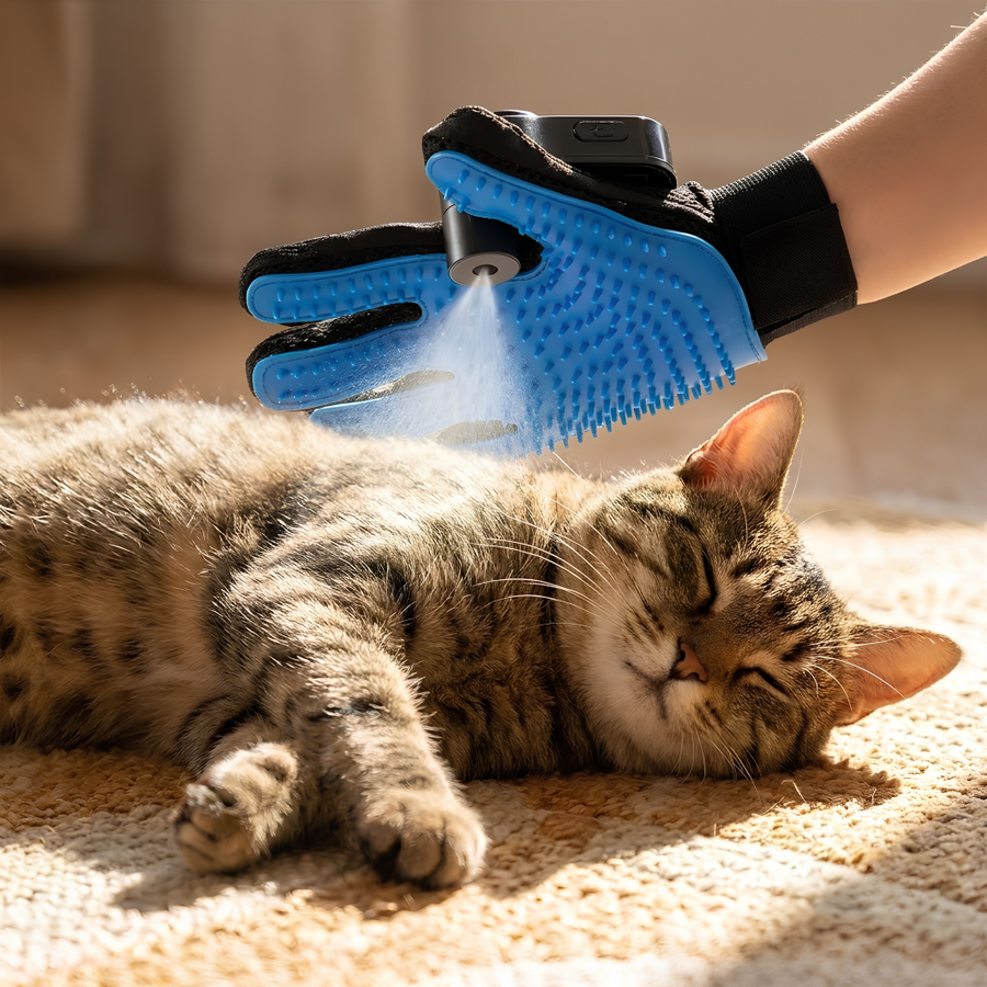 A blue and black pet grooming glove with a misting nozzle is being used to spray water on a sleeping tabby cat lying on a beige rug.