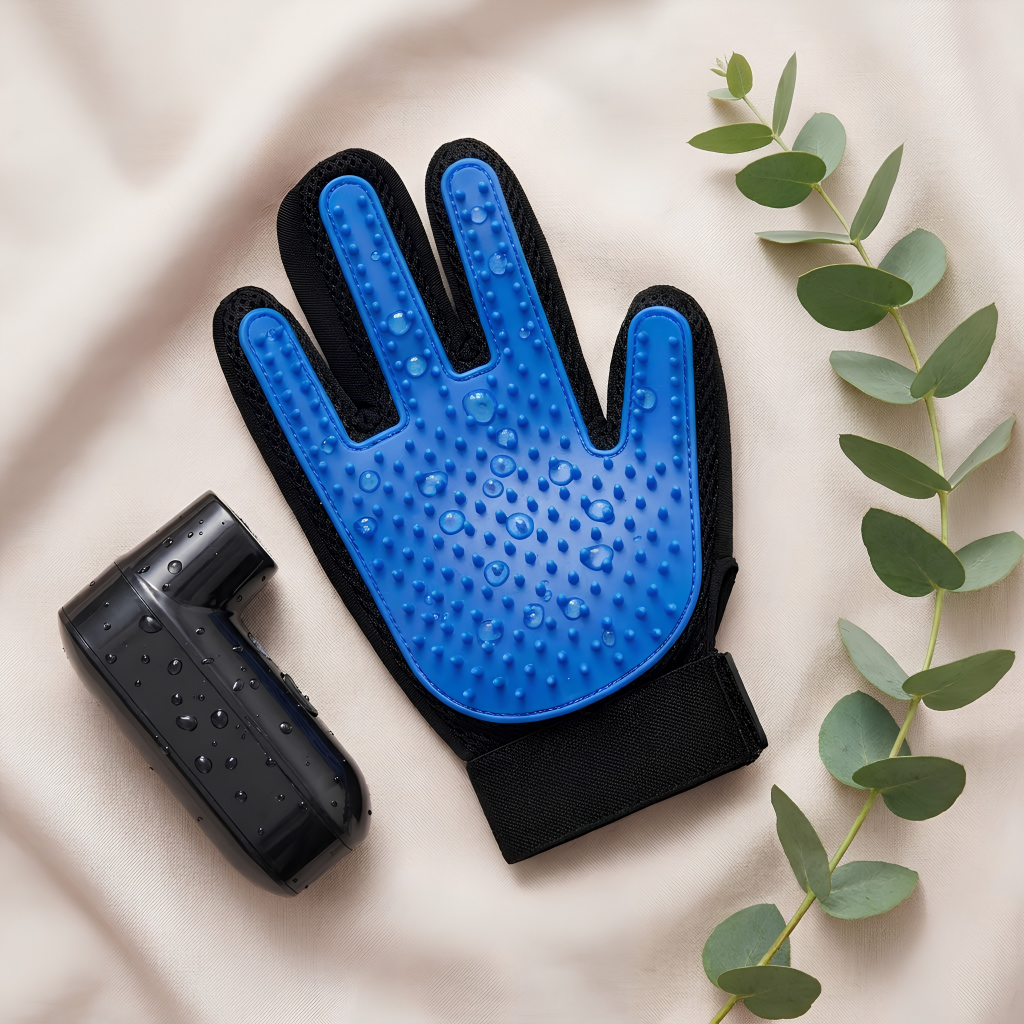A blue and black pet grooming glove with a textured silicone palm, shown alongside a black handheld brush attachment on a beige fabric background with a green eucalyptus sprig.