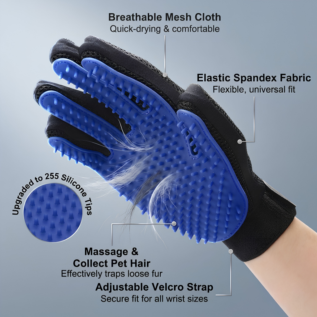 A pet grooming glove with blue silicone nubs and black Spandex fabric, shown on a hand with pet hair trapped on the underside. Text callouts describe breathable mesh cloth, elastic spandex fabric, upgraded silicone tips, massage and hair collection, and adjustable velcro strap.