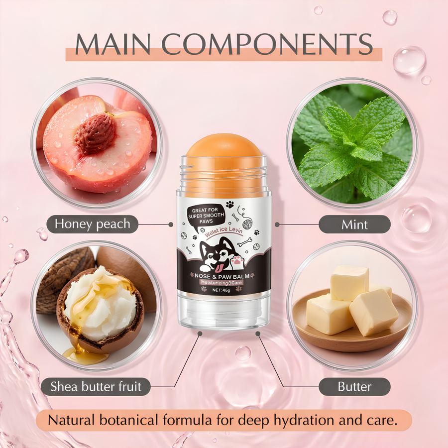 A cosmetic stick product labeled 'Deep for Hydration & Skin Care' centered on a pink water-texture background with ingredient callouts: Honey peach, Mint, Shea butter fruit, and Butter under the heading MAIN COMPONENTS.
