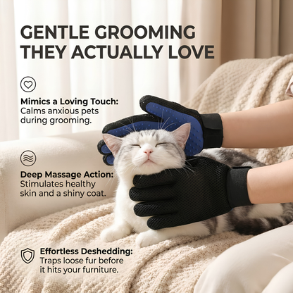 A person wearing black and blue pet grooming gloves gently holds a white cat on a beige sofa, with promotional text describing the soothing grooming touch and massage benefits.