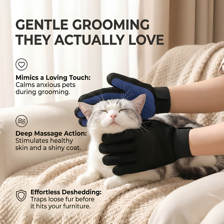 A person wearing black and blue pet grooming gloves gently holds a white cat on a beige sofa, with promotional text describing the soothing grooming touch and massage benefits.