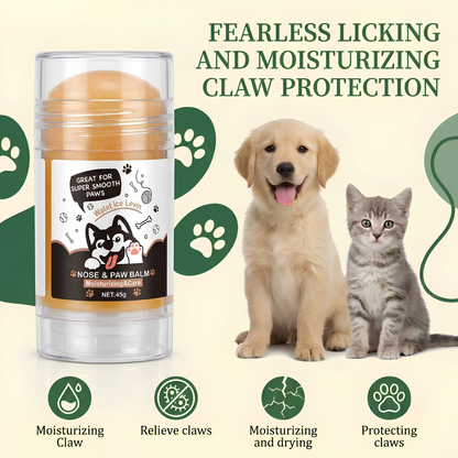 A clear cylindrical tube of dog and cat nail balm stands on a cream background with marketing text and paw-print graphics. The tube label reads 'Nose & Paw Balm' and shows a dog and cat illustration.