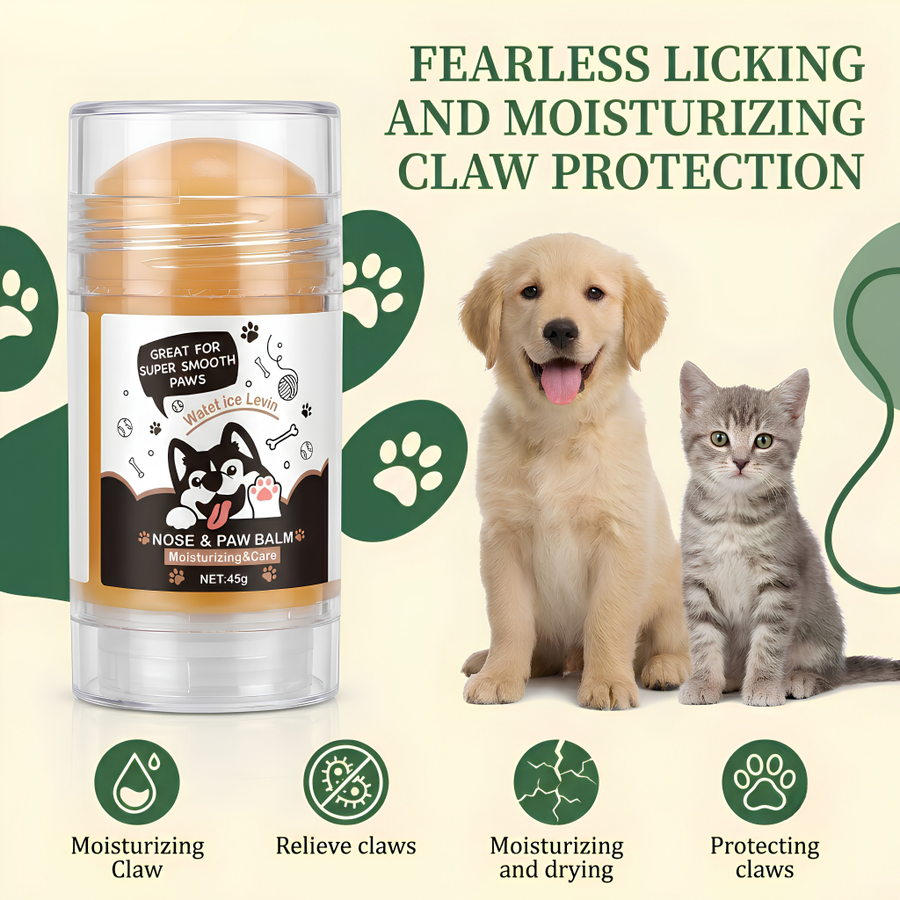 A clear cylindrical tube of dog and cat nail balm stands on a cream background with marketing text and paw-print graphics. The tube label reads 'Nose & Paw Balm' and shows a dog and cat illustration.