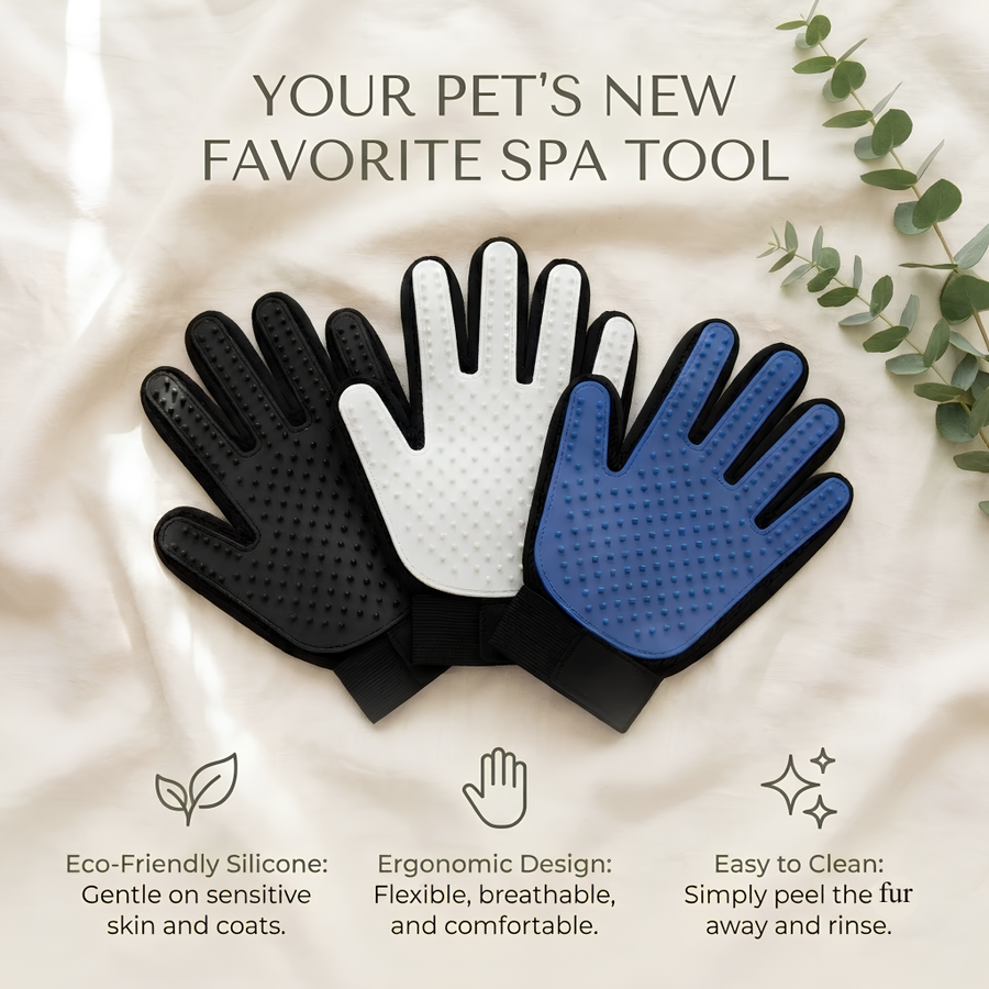 Three pet spa grooming gloves in black, white, and blue are arranged on a cream fabric background with decorative eucalyptus leaves. Text at the top reads 'YOUR PET'S NEW FAVORITE SPA TOOL' and icons and text at the bottom describe eco-friendly silicone, ergonomic design, and easy cleaning.