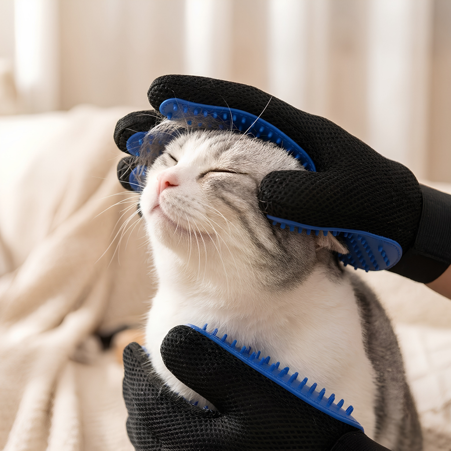 A gray and white cat is being gently held by black mesh pet grooming gloves with blue silicone bristles, likely for grooming or shedding removal, in a softly lit indoor setting.