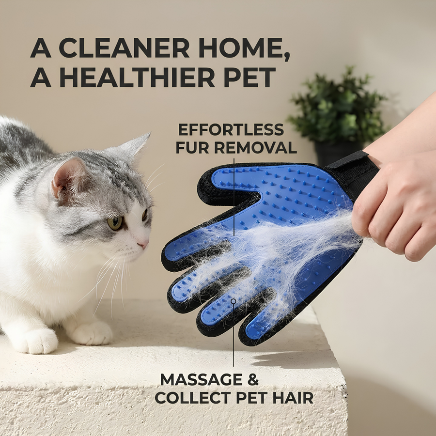 A gray and white cat sits on a ledge next to a hand holding a blue and black pet grooming glove covered with loose fur, with text overlays explaining fur removal and massage benefits.