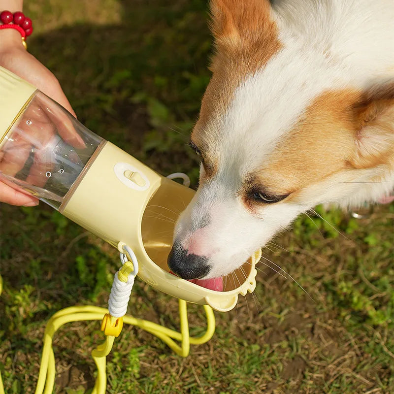 Dog drinking from a yellow portable water bottle in an outdoor setting