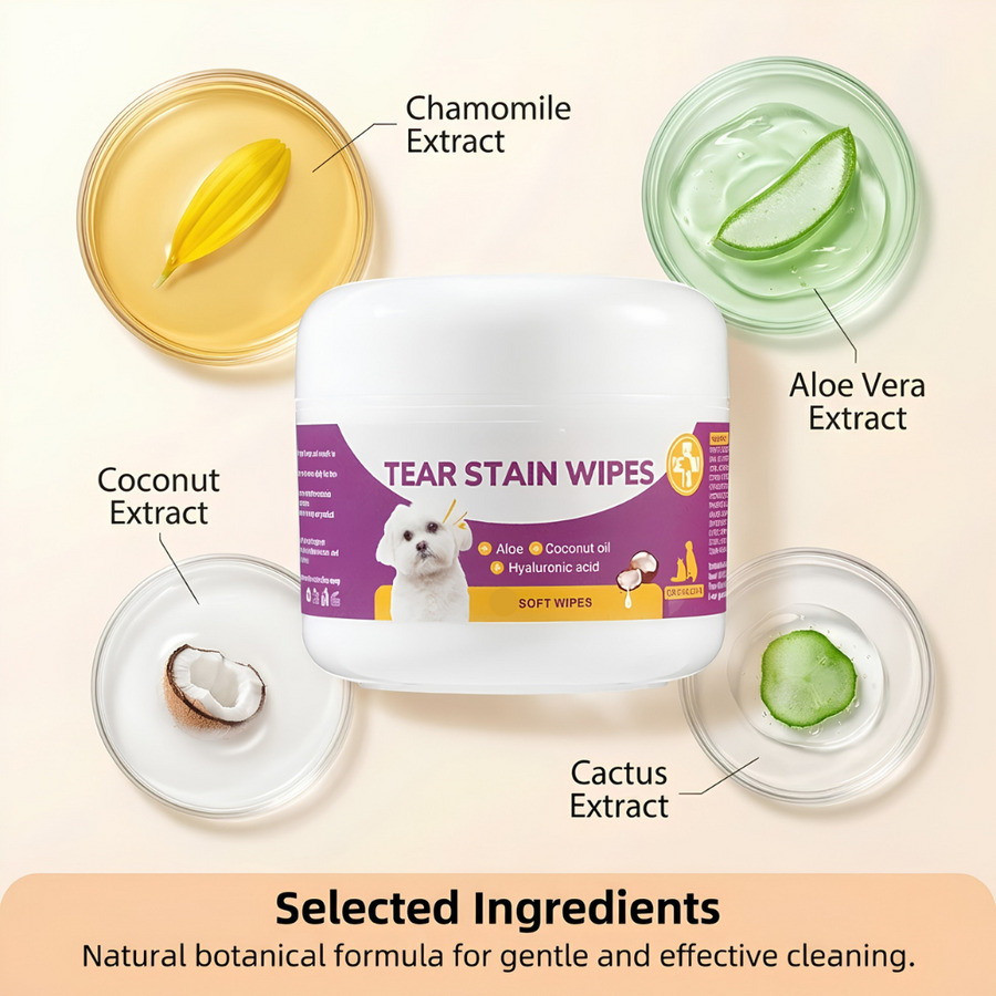 A white jar labeled 'TEAR STAIN WIPES' surrounded by ingredient callouts including Chamomile Extract, Aloe Vera Extract, Coconut Extract, and Cactus Extract on a light beige background.