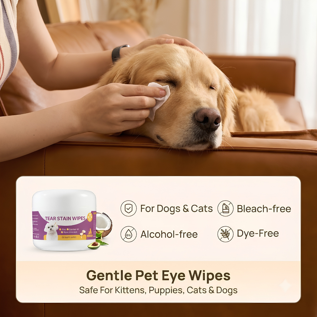 A golden retriever lies on a brown leather couch while a person gently wipes its eye with a cotton pad. A product box labeled Gentle Pet Eye Wipes appears in a lower informational panel with icons stating it is for dogs and cats, bleach-free, alcohol-free, and dye-free.