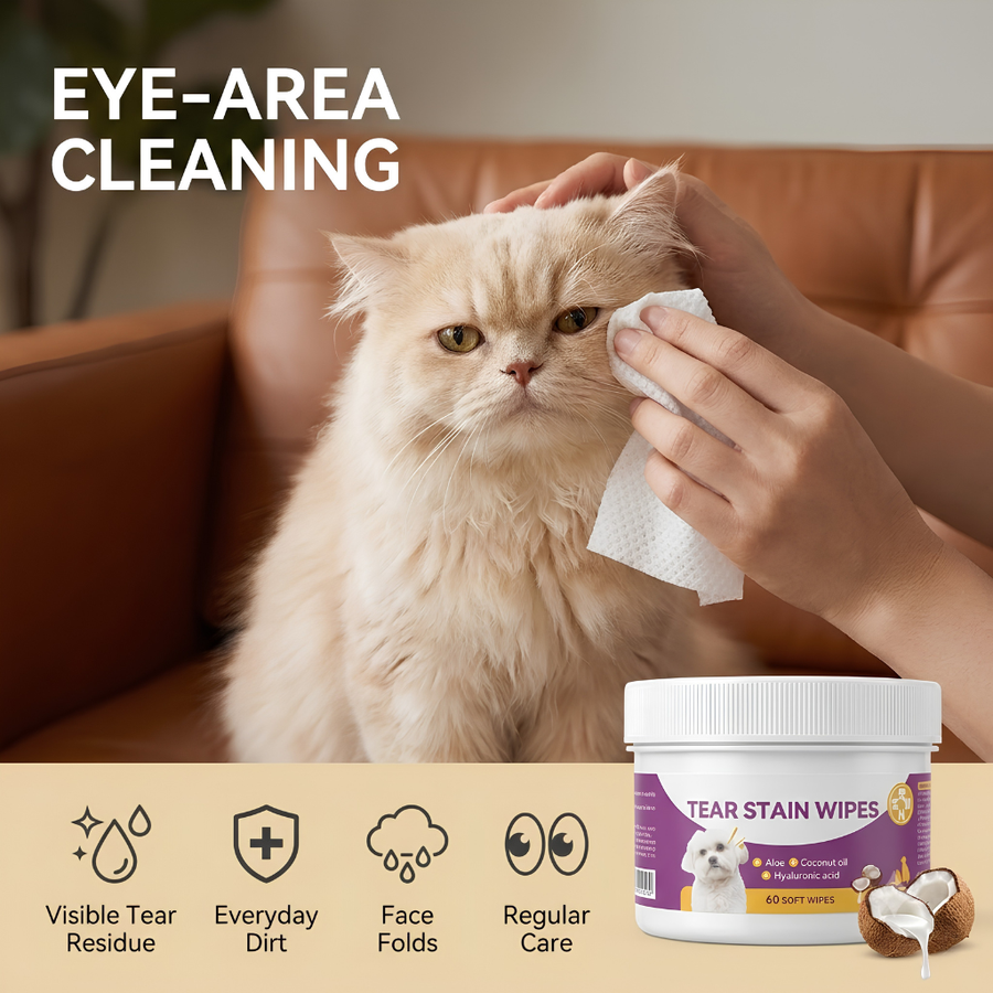 A fluffy cream-colored cat sits on a brown leather couch while a person wipes its eye with a white tissue. Large text reads 'EYE-AREA CLEANING,' and a jar labeled 'TEAR STAIN WIPES' appears in the lower right with benefit icons along the bottom.