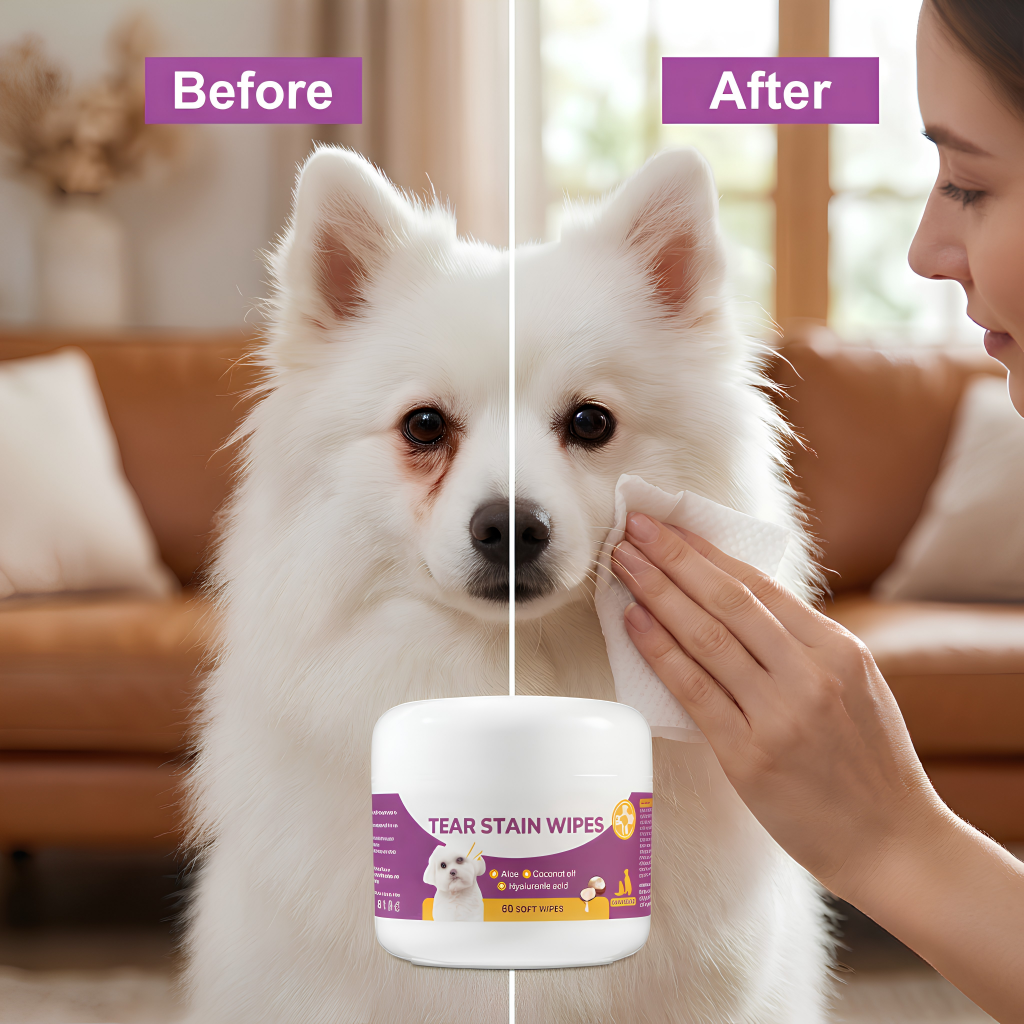 A white fluffy dog sits in a living room with a split-screen before/after demonstration. The left side shows the dog with a brown tear stain, and the right side shows a woman wiping the dog's face with a wipe while the dog is clear of the stain.