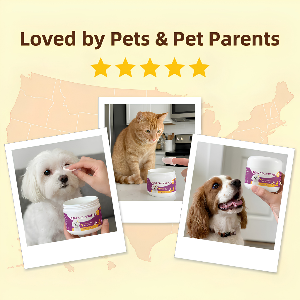 Promotional graphic with the text 'Loved by Pets & Pet Parents' and five yellow stars above three polaroid-style photos showing pets using a pet hair remover product. The center photo shows an orange tabby cat sitting near a jar, the left photo shows a white dog having its eye cleaned with a jar, and the right photo shows a brown and white dog holding a jar.