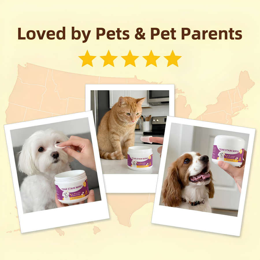 Promotional graphic with the text 'Loved by Pets & Pet Parents' and five yellow stars above three polaroid-style photos showing pets using a pet hair remover product. The center photo shows an orange tabby cat sitting near a jar, the left photo shows a white dog having its eye cleaned with a jar, and the right photo shows a brown and white dog holding a jar.